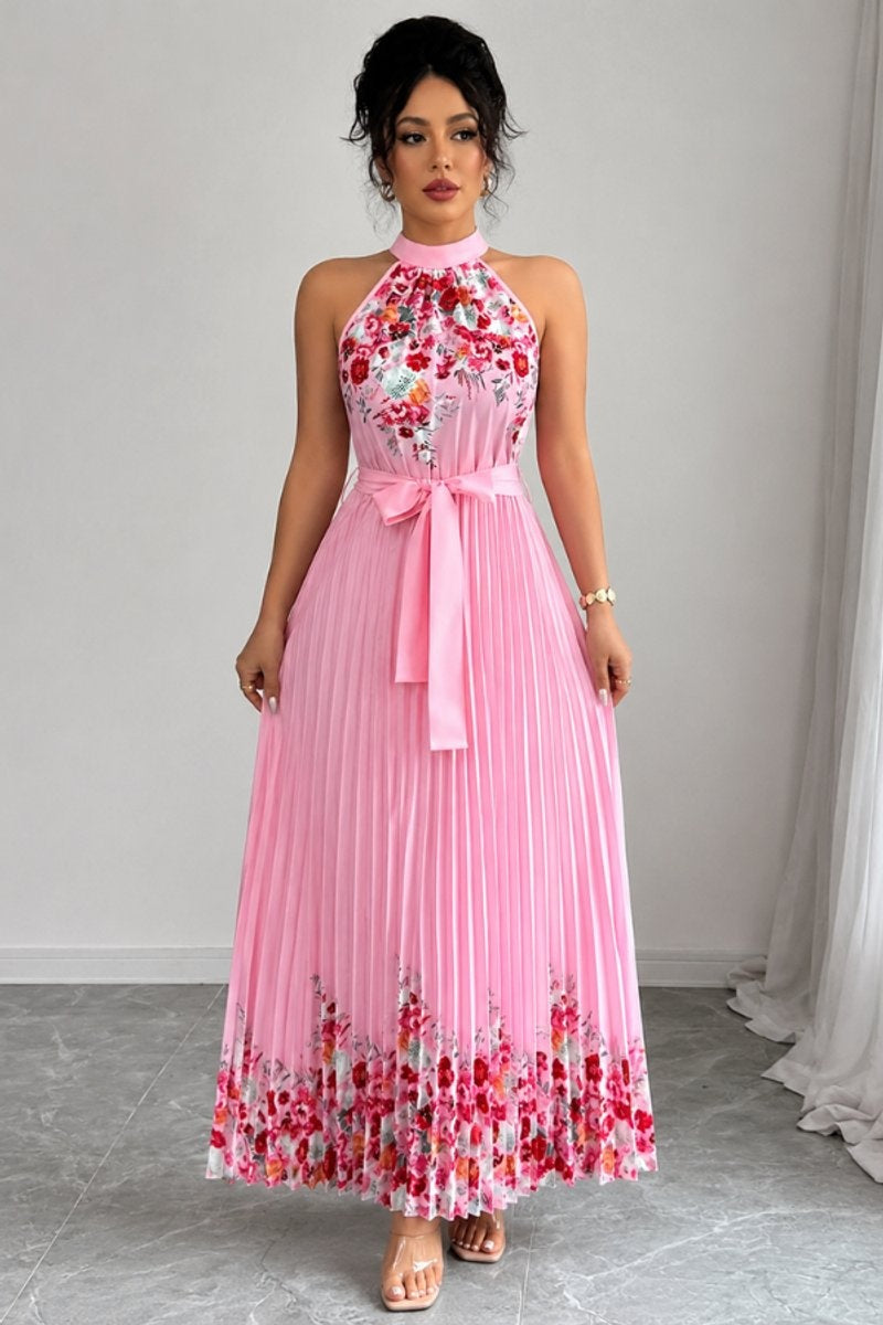 Nuvara | Cayetana | Vestido Largo Plisado Floral Mujer Halter Cinturón
