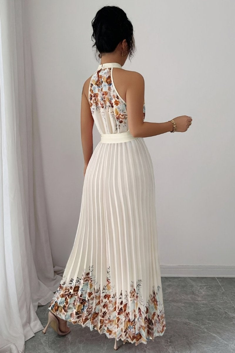Nuvara | Cayetana | Vestido Largo Plisado Floral Mujer Halter Cinturón