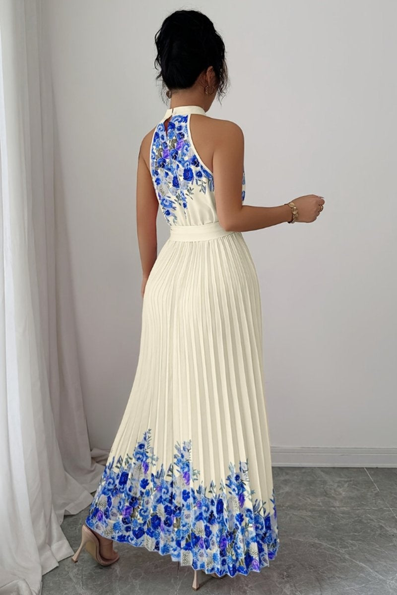 Nuvara | Cayetana | Vestido Largo Plisado Floral Mujer Halter Cinturón