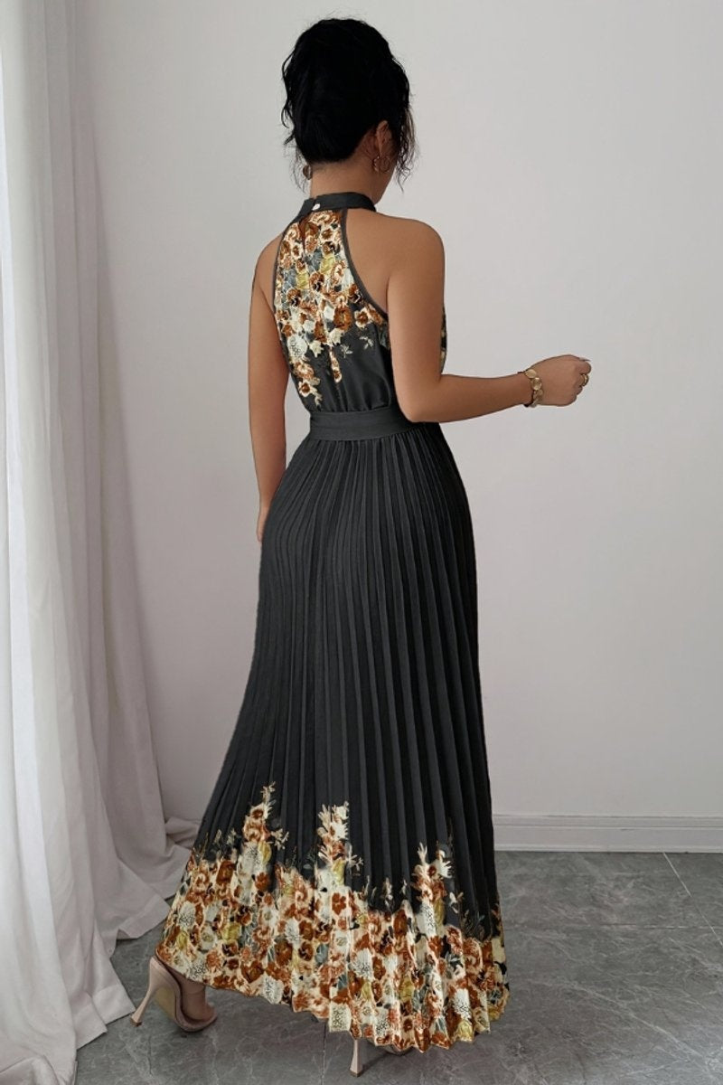 Nuvara | Cayetana | Vestido Largo Plisado Floral Mujer Halter Cinturón