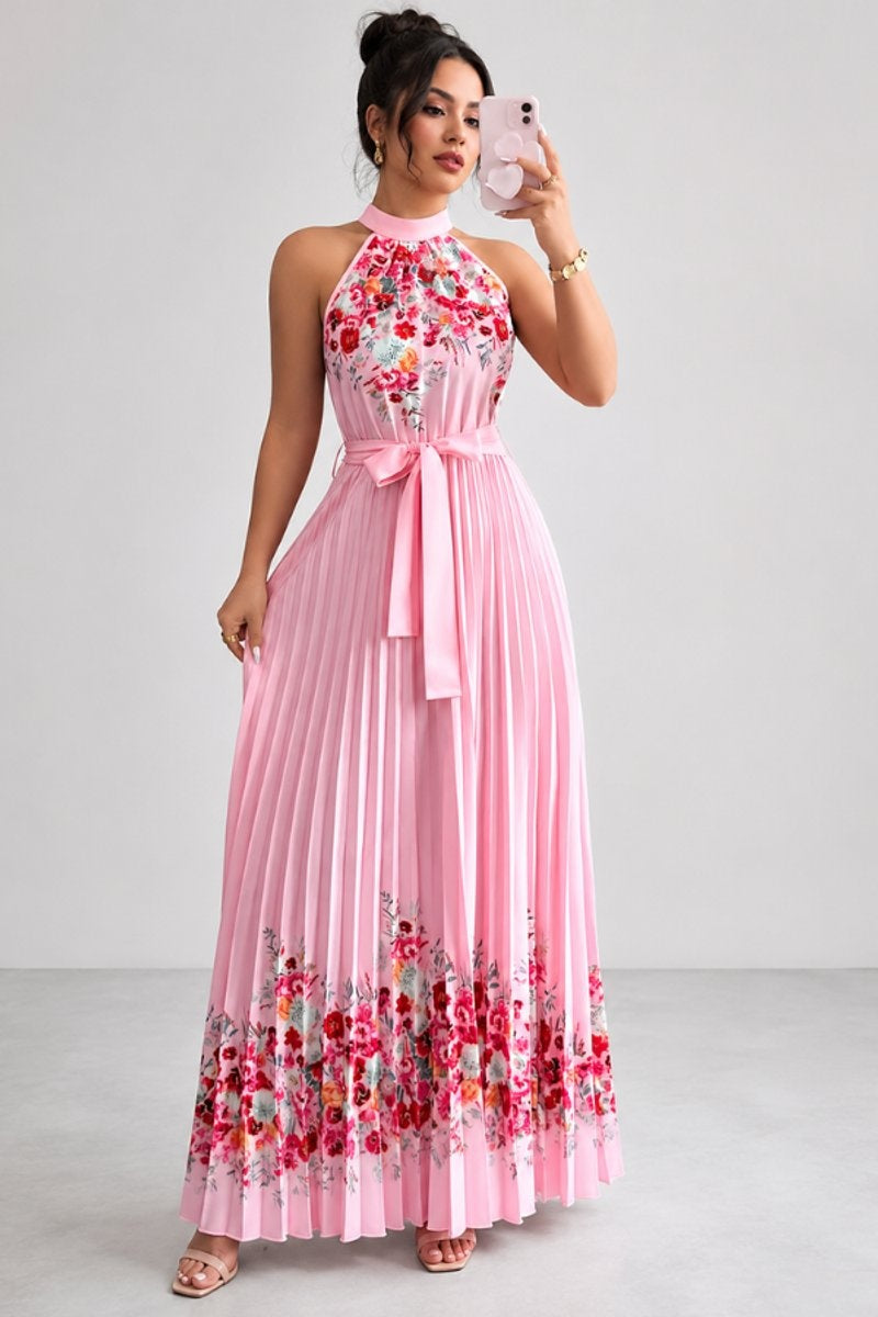 Nuvara | Cayetana | Vestido Largo Plisado Floral Mujer Halter Cinturón
