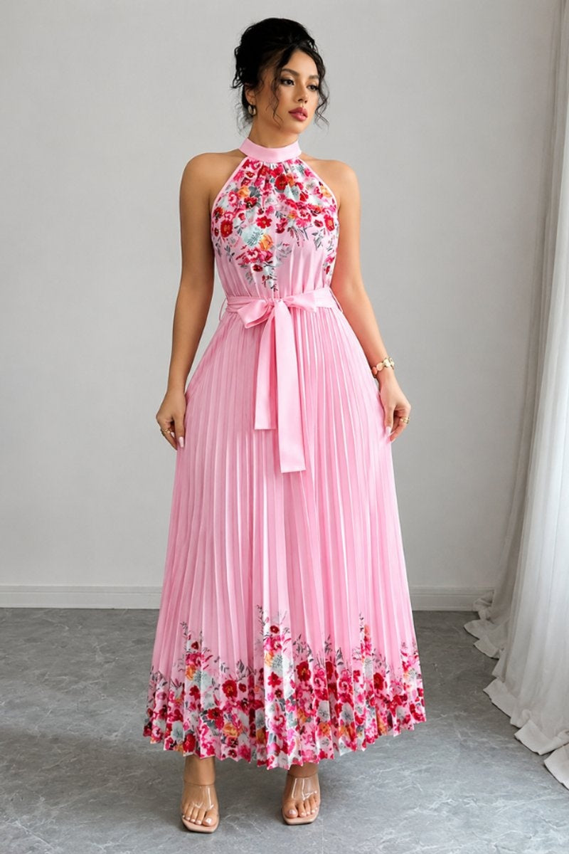 Nuvara | Cayetana | Vestido Largo Plisado Floral Mujer Halter Cinturón