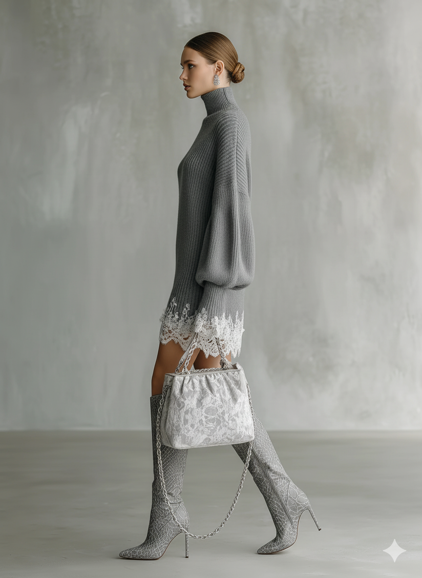 Nuvara | Celeste | Vestido Corto de Punto de Otoño Cuello Alto Mujer Encaje y Manga Larga