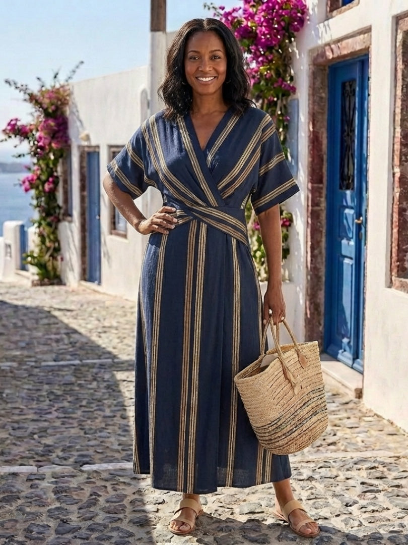 Nuvara | Celeste | Vestido Largo Cruzado Elegante de Rayas Mujer Manga Corta Escote V
