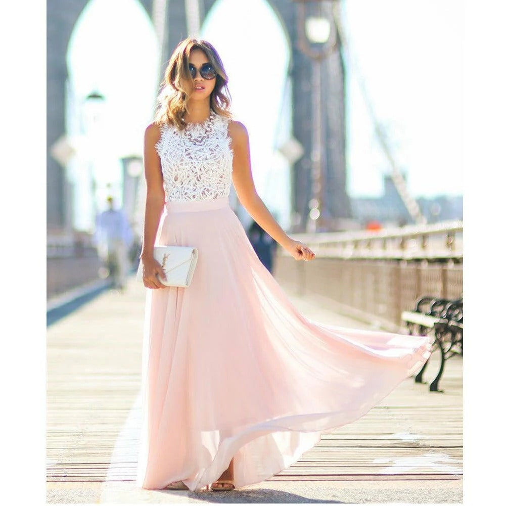 Nuvara | Celeste | Vestido Largo de Encaje con Falda de Gasa Mujer Sin Mangas