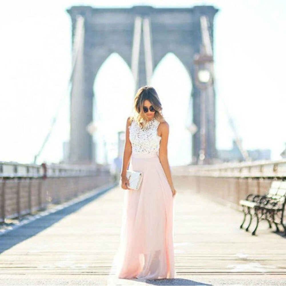 Nuvara | Celeste | Vestido Largo de Encaje con Falda de Gasa Mujer Sin Mangas