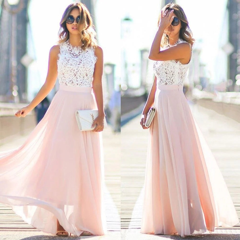Nuvara | Celeste | Vestido Largo de Encaje con Falda de Gasa Mujer Sin Mangas
