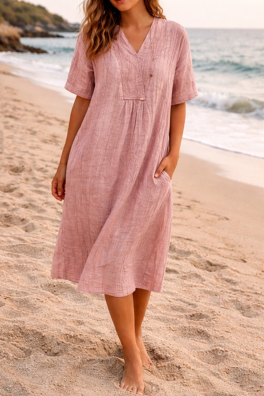 Nuvara | Concha | Vestido Midi de Lino con Escote en V Mujer Manga Corta