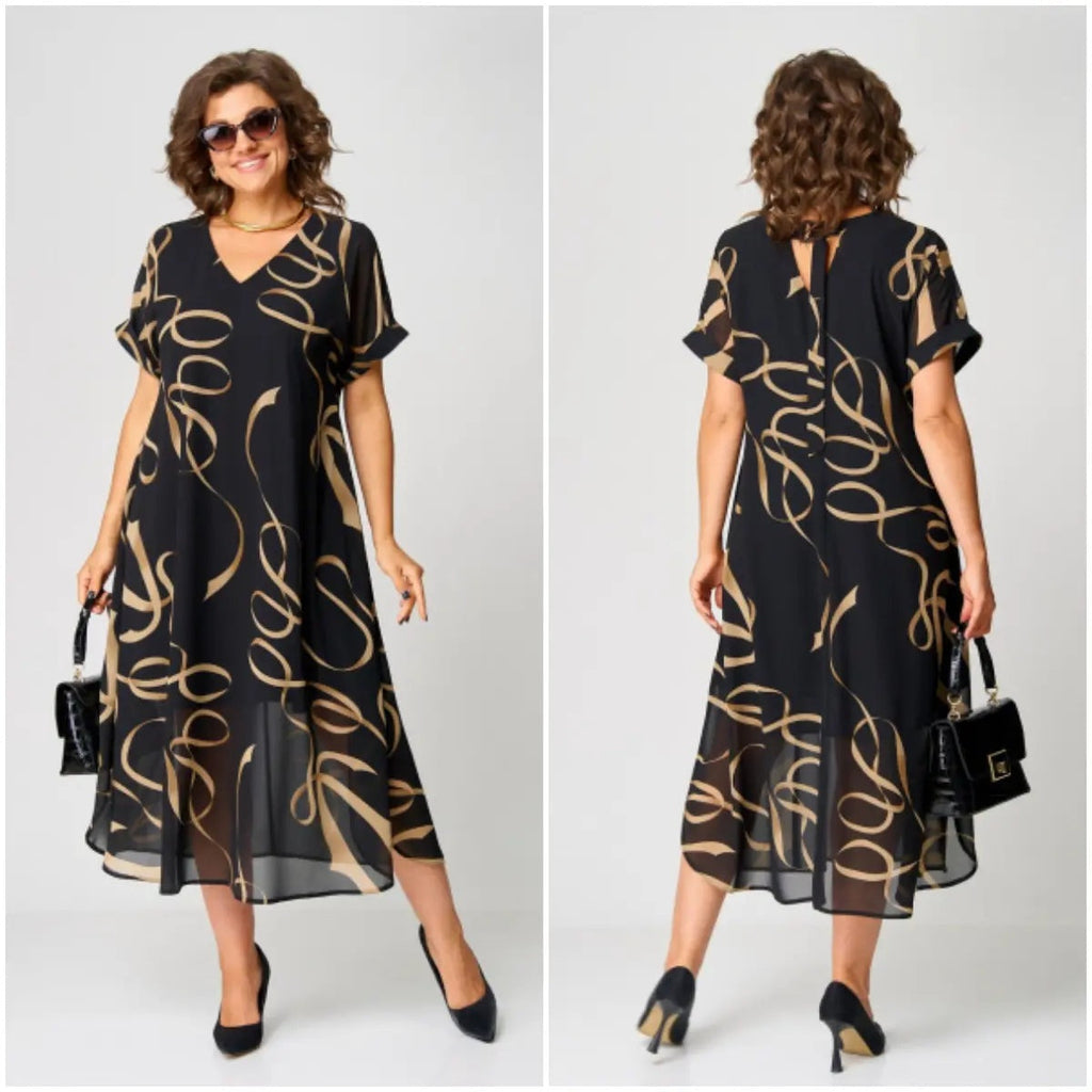 Nuvara | Concha | Vestido Midi Elegante Estampado Mujer Escote V Manga Corta