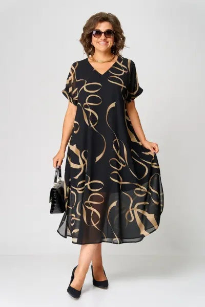 Nuvara | Concha | Vestido Midi Elegante Estampado Mujer Escote V Manga Corta
