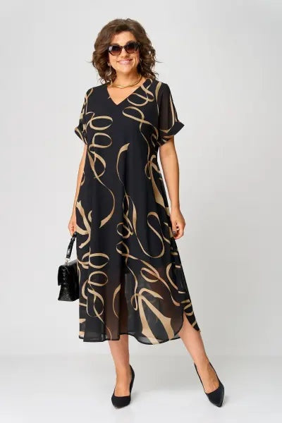 Nuvara | Concha | Vestido Midi Elegante Estampado Mujer Escote V Manga Corta