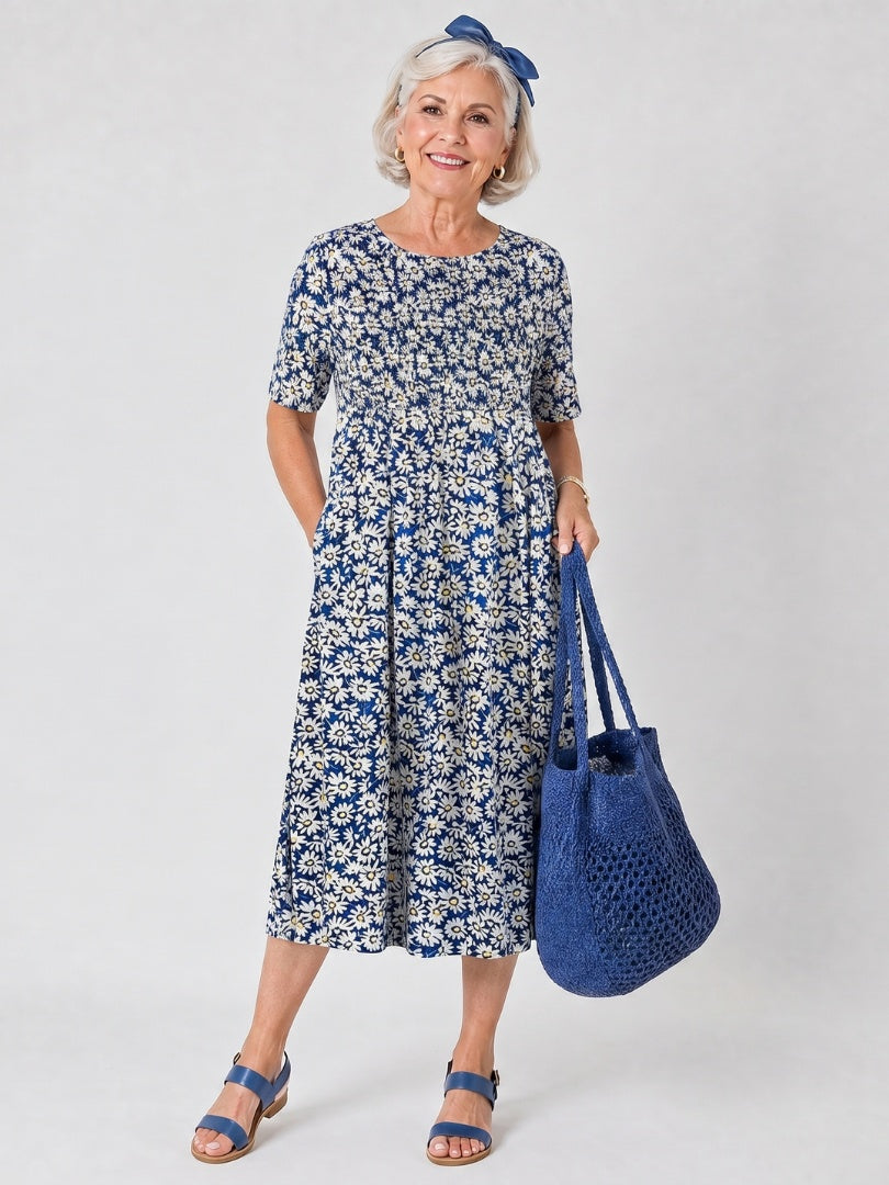 Nuvara | Consuelo | Vestido Floral Midi con Bolsillos Mujer Manga Corta