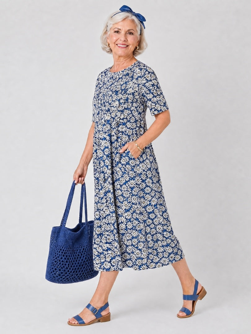 Nuvara | Consuelo | Vestido Floral Midi con Bolsillos Mujer Manga Corta