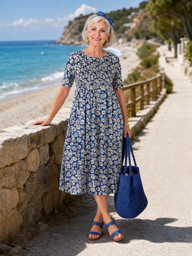 Nuvara | Consuelo | Vestido Floral Midi con Bolsillos Mujer Manga Corta