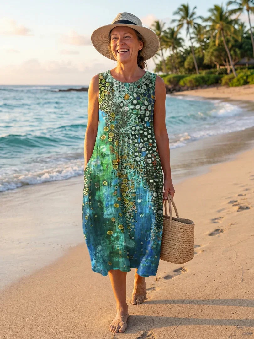 Nuvara | Coral | Vestido Midi Estampado Geométrico de Playa Mujer Sin Mangas