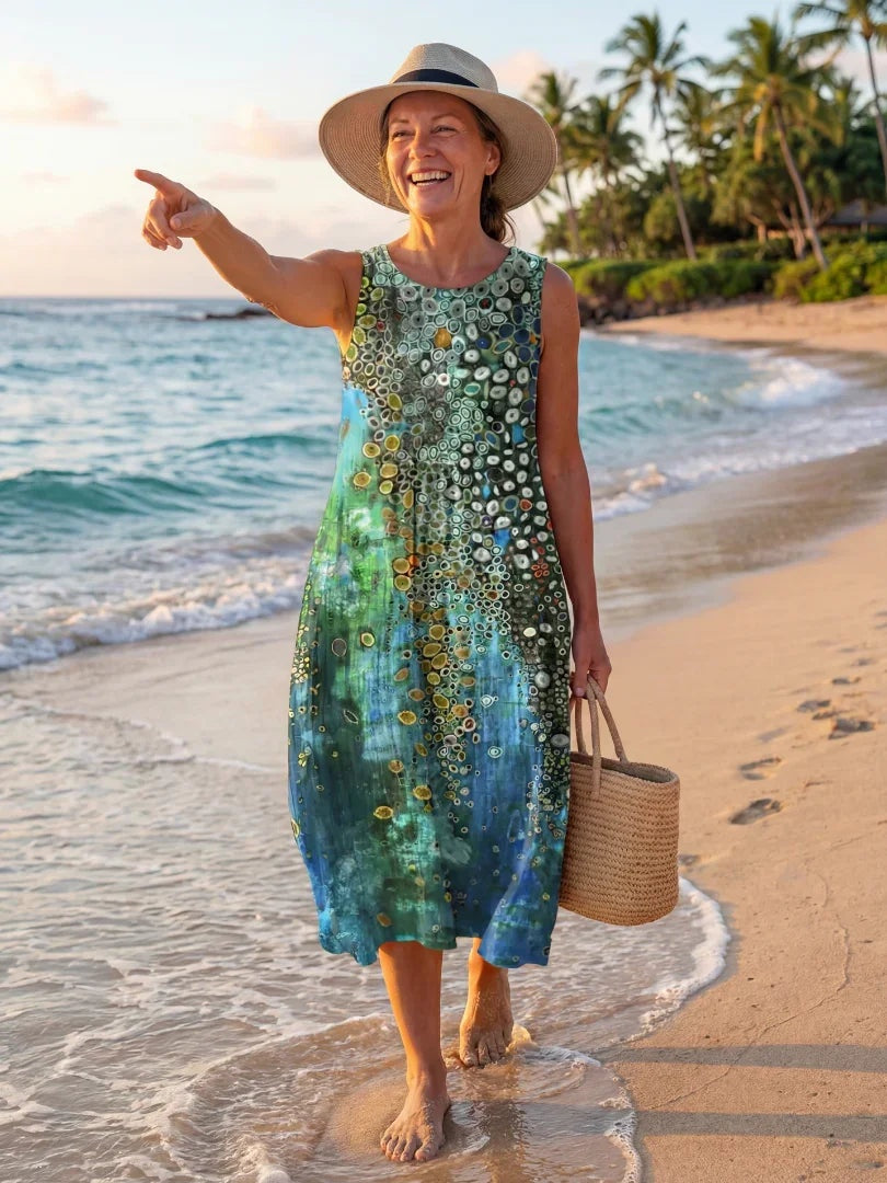 Nuvara | Coral | Vestido Midi Estampado Geométrico de Playa Mujer Sin Mangas