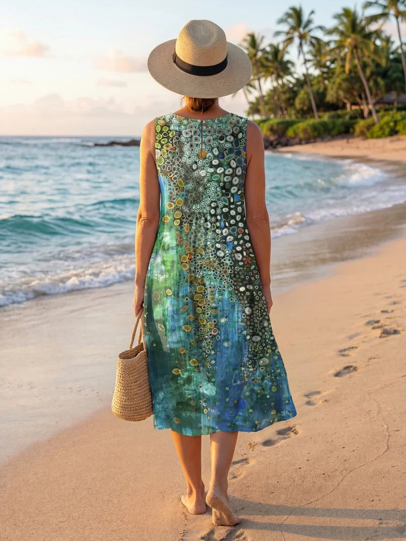Nuvara | Coral | Vestido Midi Estampado Geométrico de Playa Mujer Sin Mangas