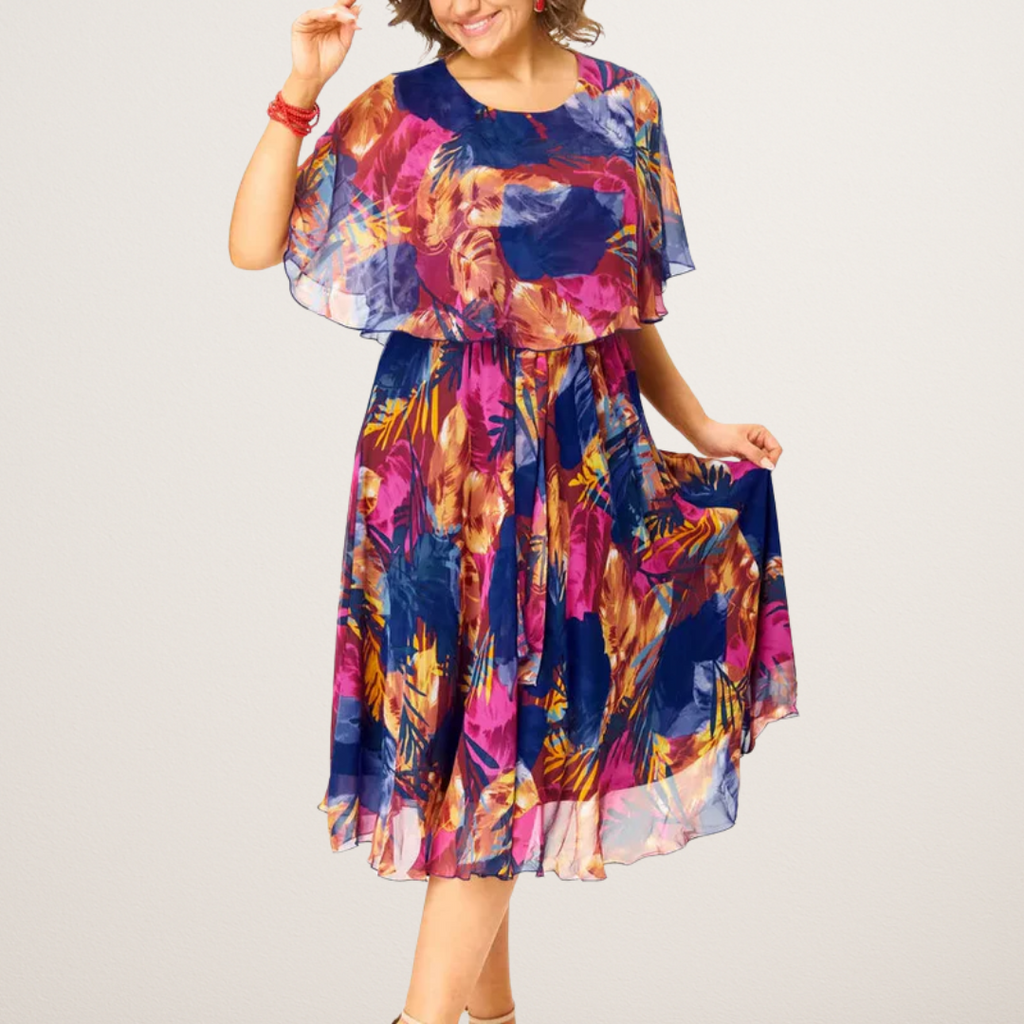 Nuvara | Covadonga | Vestido Midi de Cóctel con Volantes Mujer Estampado Tropical