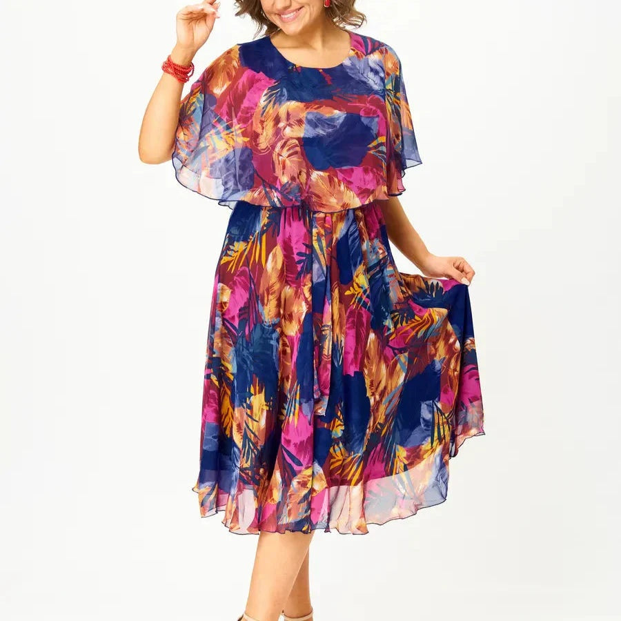 Nuvara | Covadonga | Vestido Midi de Cóctel con Volantes Mujer Estampado Tropical