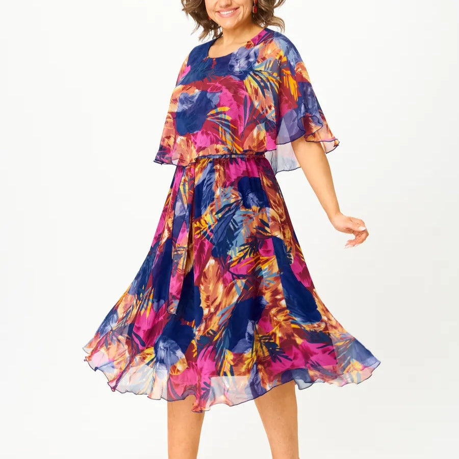 Nuvara | Covadonga | Vestido Midi de Cóctel con Volantes Mujer Estampado Tropical