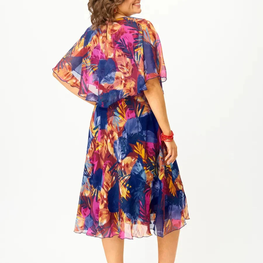 Nuvara | Covadonga | Vestido Midi de Cóctel con Volantes Mujer Estampado Tropical