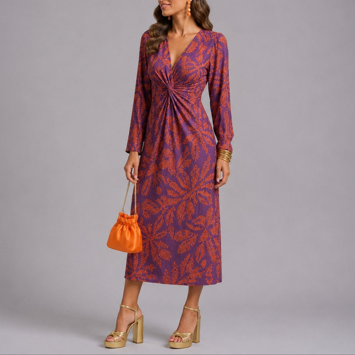 Nuvara | Covadonga | Vestido Midi Invitada Invierno Mujer Manga Larga Estampado