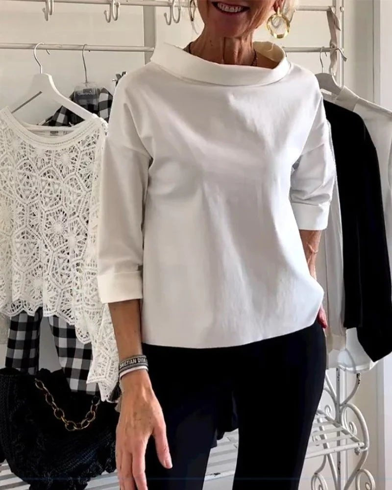 Cristina | Camisa Blanca Mujer Cuello Barco Manga 3/4 Hombros Caídos