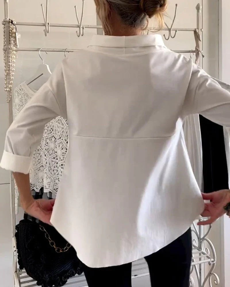 Cristina | Camisa Blanca Mujer Cuello Barco Manga 3/4 Hombros Caídos