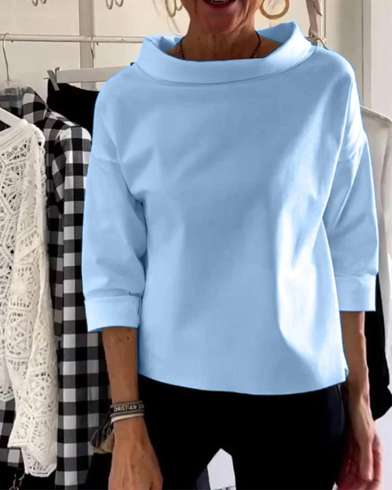 Cristina | Camisa Blanca Mujer Cuello Barco Manga 3/4 Hombros Caídos
