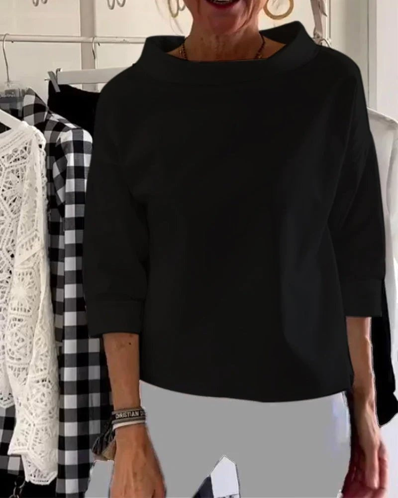 Cristina | Camisa Blanca Mujer Cuello Barco Manga 3/4 Hombros Caídos