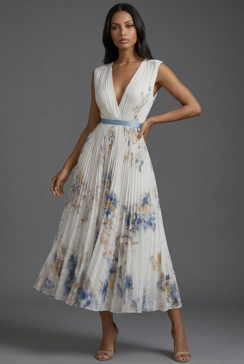 Nuvara | Daniela | Vestido Midi Plisado Estampado Floral Mujer Escote V Cinturón