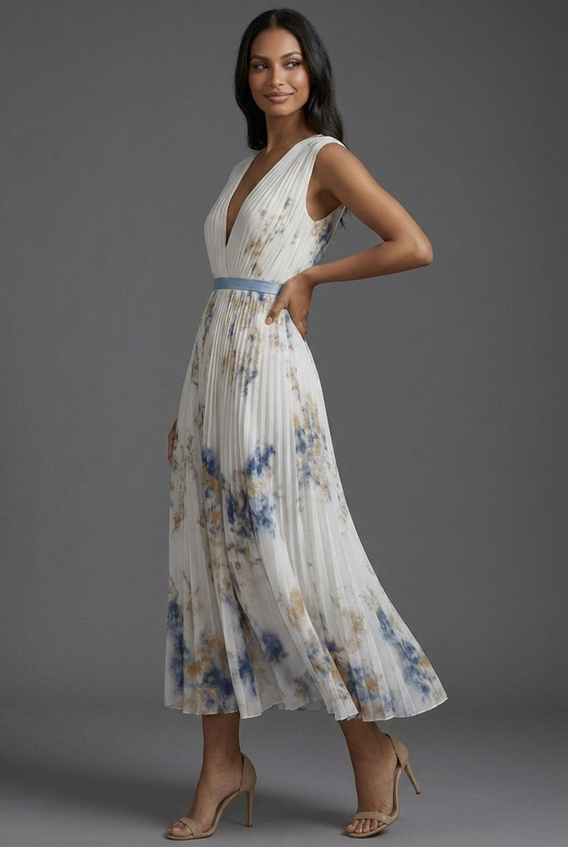 Nuvara | Daniela | Vestido Midi Plisado Estampado Floral Mujer Escote V Cinturón