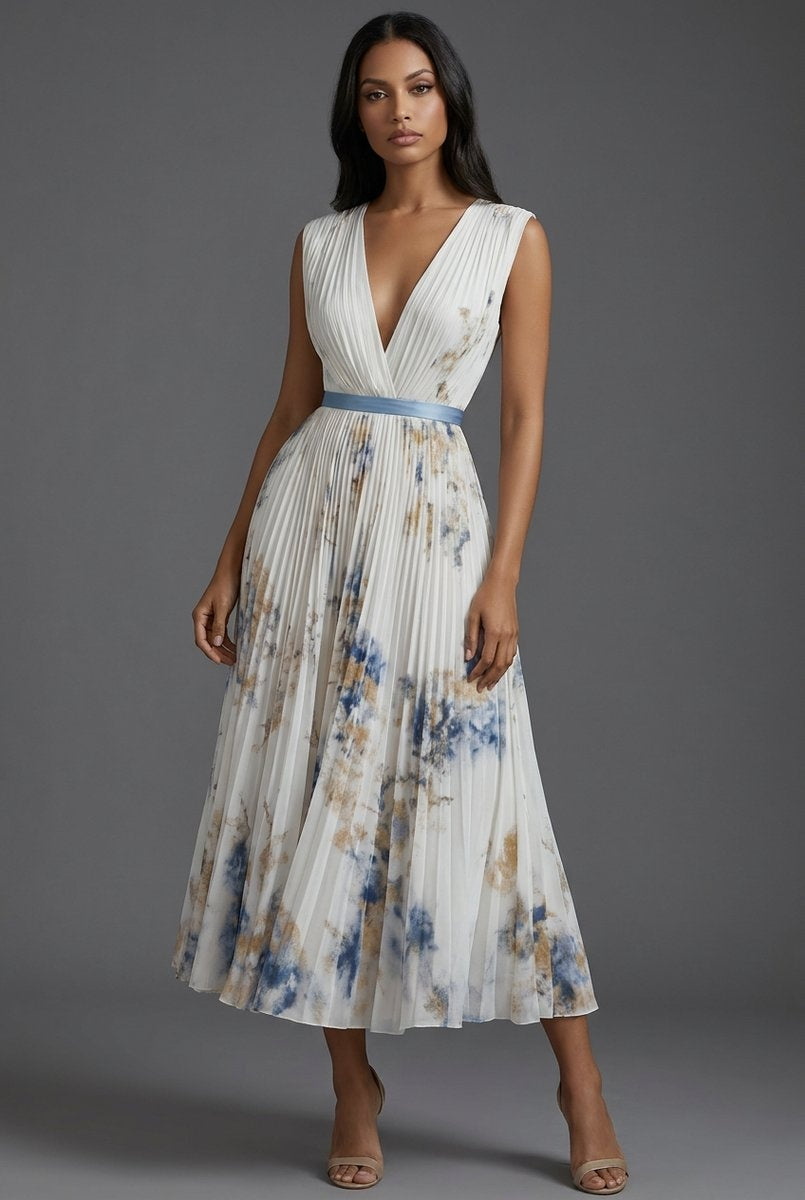Nuvara | Daniela | Vestido Midi Plisado Estampado Floral Mujer Escote V Cinturón