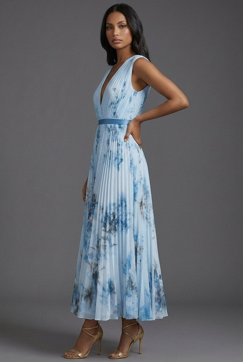 Nuvara | Daniela | Vestido Midi Plisado Estampado Floral Mujer Escote V Cinturón