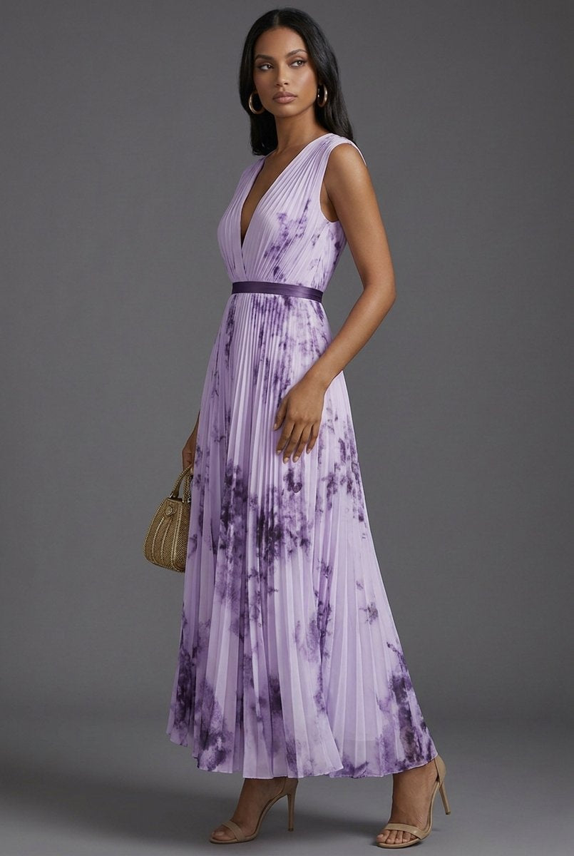 Nuvara | Daniela | Vestido Midi Plisado Estampado Floral Mujer Escote V Cinturón