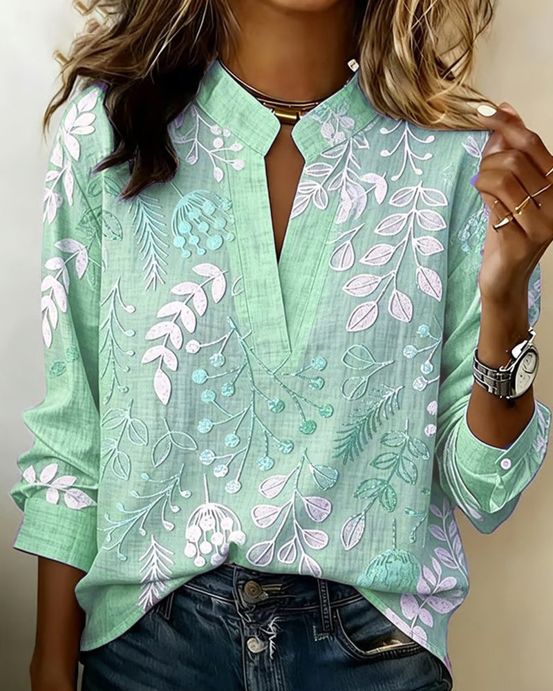 Delia | Blusa Estampada Floral de Manga Larga Mujer Escote V