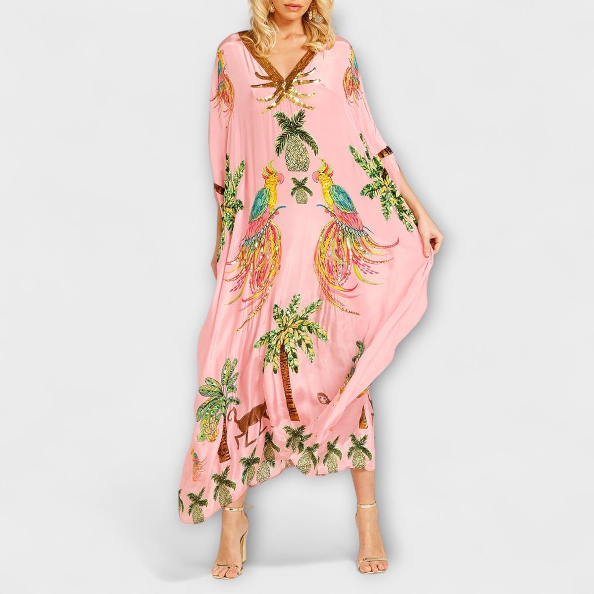 Nuvara | Delia | Vestido Kaftan Largo Estampado Tropical Mujer Lentejuelas