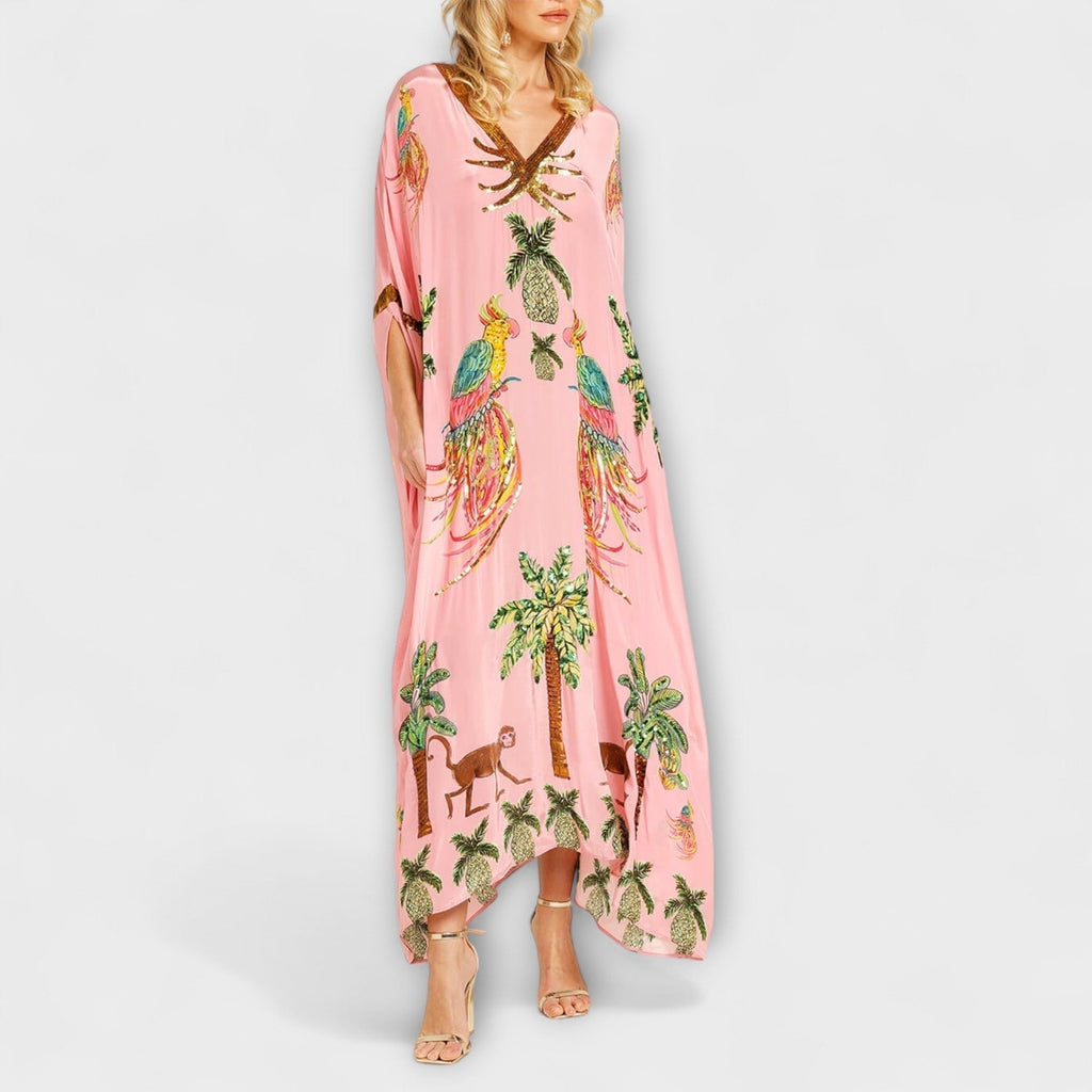 Nuvara | Delia | Vestido Kaftan Largo Estampado Tropical Mujer Lentejuelas