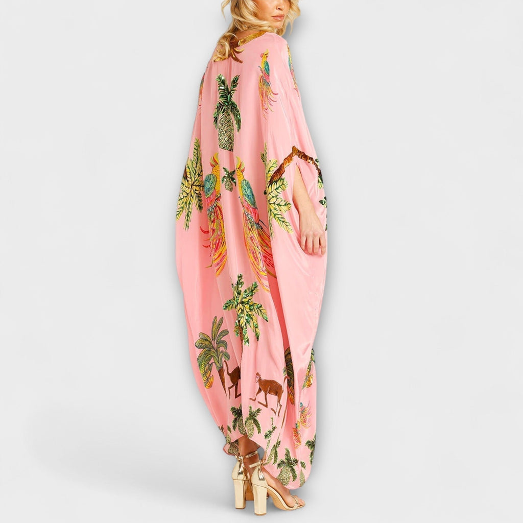 Nuvara | Delia | Vestido Kaftan Largo Estampado Tropical Mujer Lentejuelas