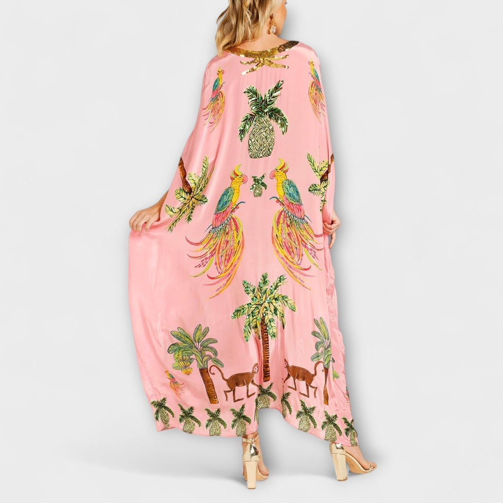 Nuvara | Delia | Vestido Kaftan Largo Estampado Tropical Mujer Lentejuelas