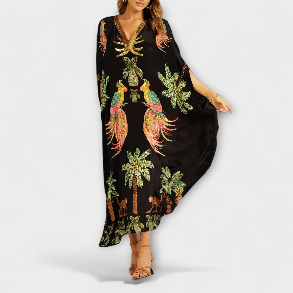 Nuvara | Delia | Vestido Kaftan Largo Estampado Tropical Mujer Lentejuelas