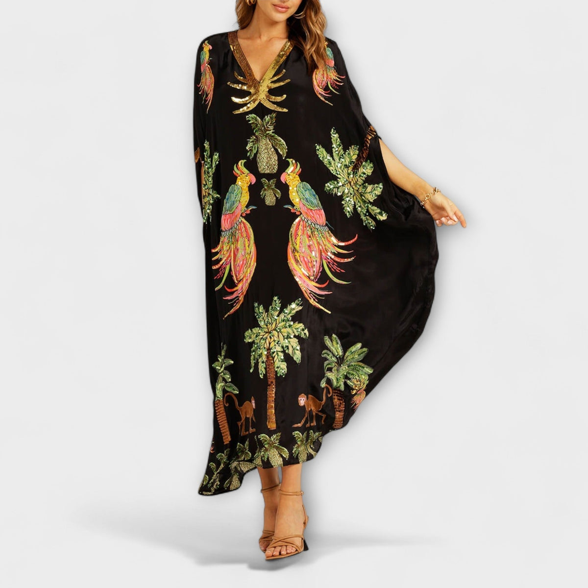Nuvara | Delia | Vestido Kaftan Largo Estampado Tropical Mujer Lentejuelas