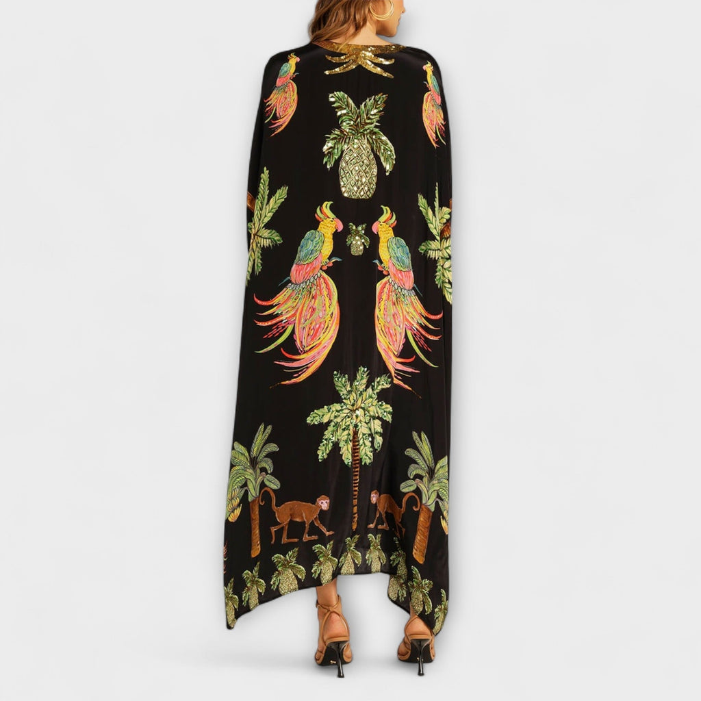 Nuvara | Delia | Vestido Kaftan Largo Estampado Tropical Mujer Lentejuelas