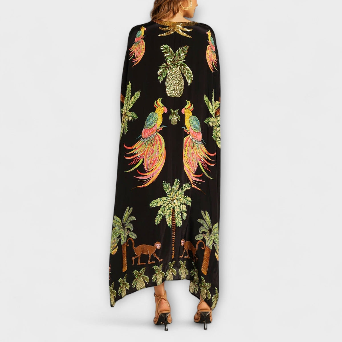 Nuvara | Delia | Vestido Kaftan Largo Estampado Tropical Mujer Lentejuelas