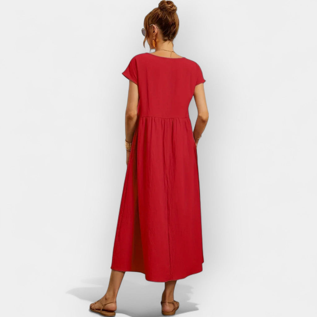 Nuvara | Dolores | Vestido Midi Casual con Bolsillos Mujer Manga Corta