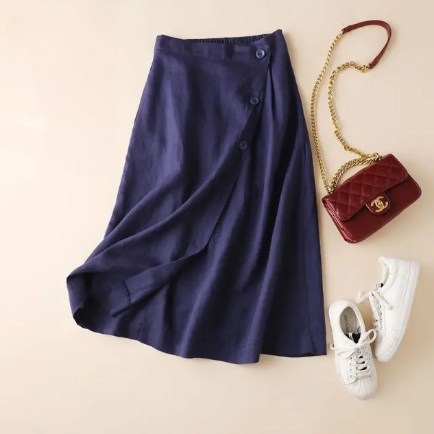 Nuvara | Elena | Falda Midi de Lino Envolvente Mujer Botones