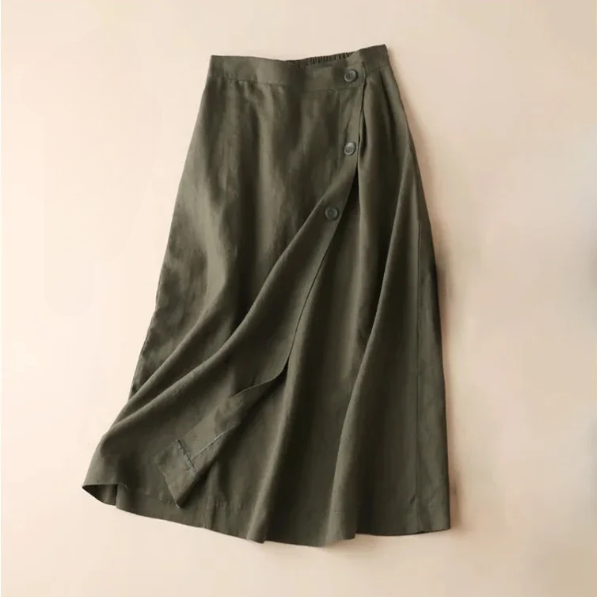 Nuvara | Elena | Falda Midi de Lino Envolvente Mujer Botones