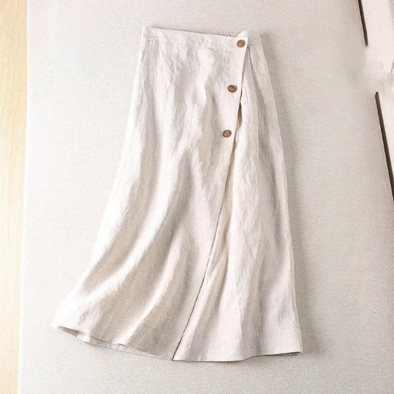 Nuvara | Elena | Falda Midi de Lino Envolvente Mujer Botones