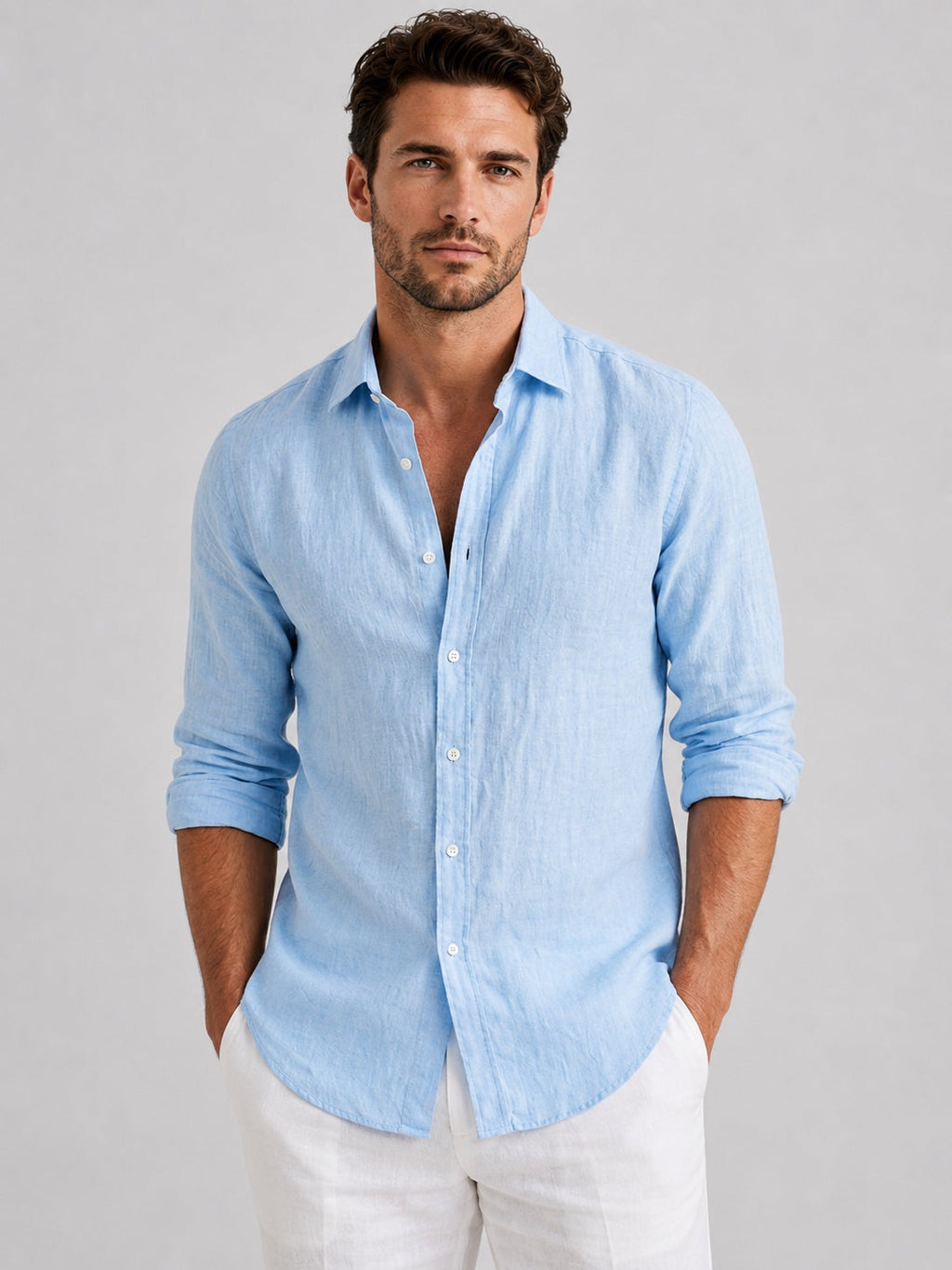 Emilio | Camisa de Lino de Manga Larga Hombre Cuello Clásico