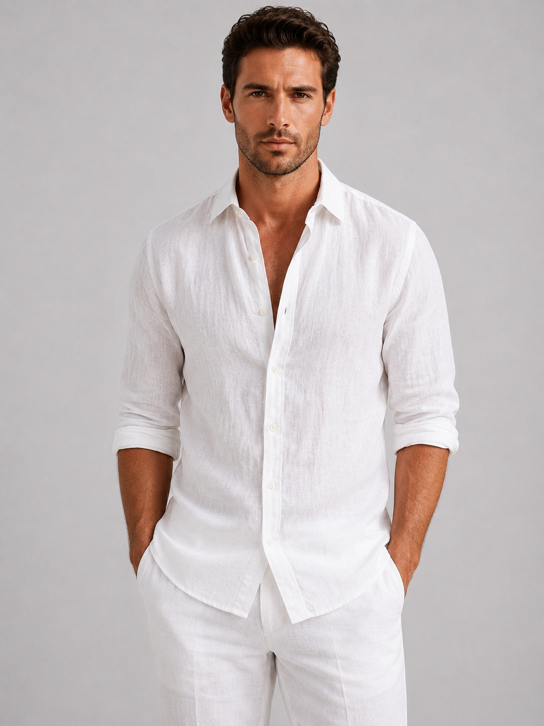 Emilio | Camisa de Lino de Manga Larga Hombre Cuello Clásico